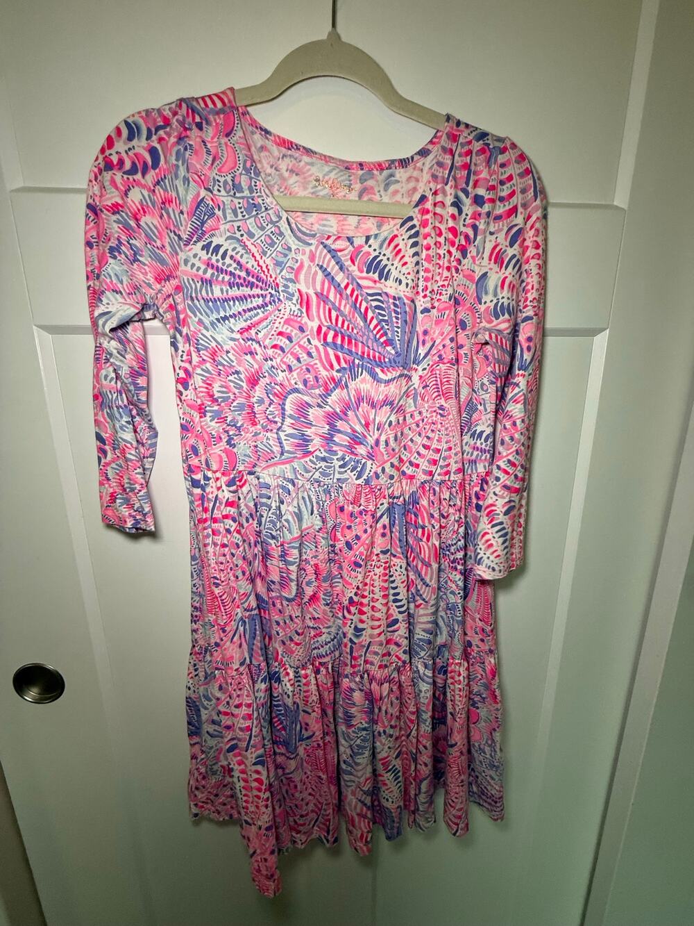 Lilly Pulitzer XS Pink Blue Seashell Print Long Sleeve Tiered Dress
